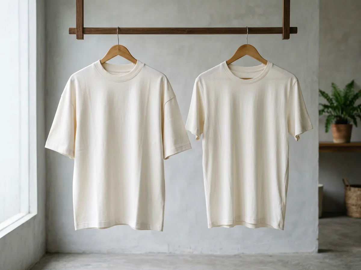 Kaos oversize dari combed 20s yang jatuh tegas dibanding kaos combed 30s yang lebih ringan